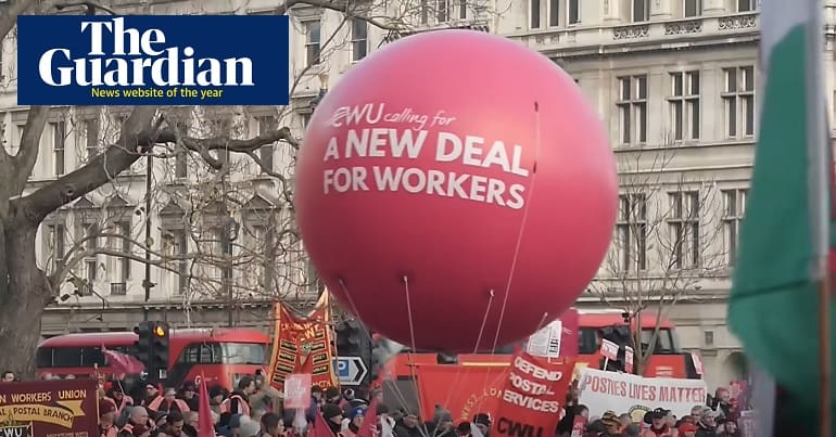 The CWU rally at parliament and the Guardian logo