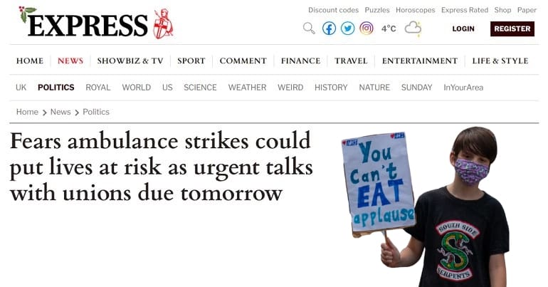 An Express headline and a child holding an NHS protest placard