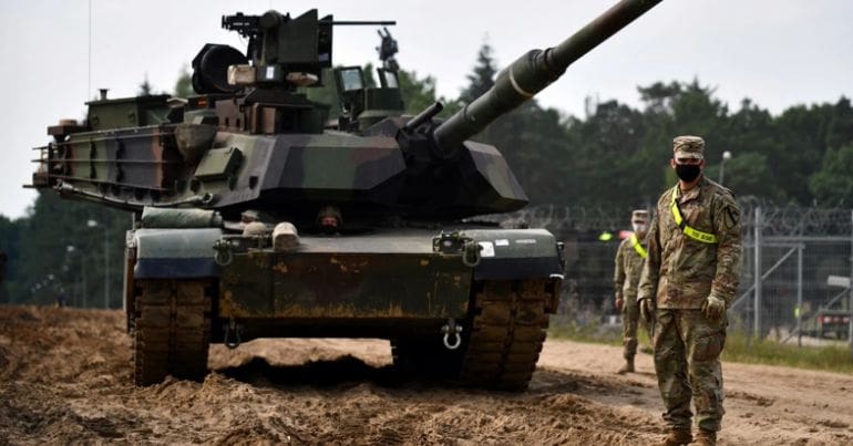 Abrams main battle tanks in training.