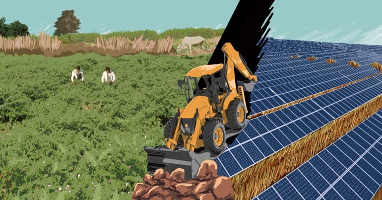 Artwork of a solar land-grab. A yellow excavator runs through the centre of the image pushing rubble, splitting the picture in two. On the left, two farmers harvest from a field of chickpea crop. In the distance, a cow grazes on dry grasses. Trees and shrubs dot the horizon. On the right side, lines of solar panels stretch out to the horizon, where the rich and biodiverse crop field once existed. All this represents climate aid and the village of Badi in India