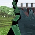 Artwork of a renewable energy land-grab in Nepal. The image is split in two by an basic image of the UK and UK bank notes flowing from it. On the left, terraced fields and a village on a green mountainside, where a lady harvests crops. On the right, a huge hydropower dam.