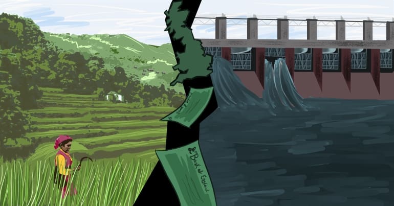 Artwork of a renewable energy land-grab in Nepal. The image is split in two by an basic image of the UK and UK bank notes flowing from it. On the left, terraced fields and a village on a green mountainside, where a lady harvests crops. On the right, a huge hydropower dam.