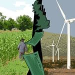 Artwork of corporate colonialism in the Global South, depicting a wind energy land grab in Mexico. The image is split down the middle by a picture of the UK and UK bank notes flowing from it. On the left, a field of corn and a farmer walks along his crops. Trees in the distance. On the right, five wind turbines dominate the landscape. No high crops can be grown beneath them.