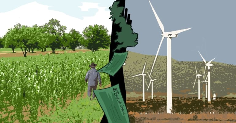 Artwork of corporate colonialism in the Global South, depicting a wind energy land grab in Mexico. The image is split down the middle by a picture of the UK and UK bank notes flowing from it. On the left, a field of corn and a farmer walks along his crops. Trees in the distance. On the right, five wind turbines dominate the landscape. No high crops can be grown beneath them.
