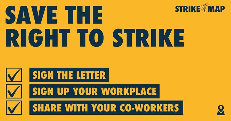 An image that reads save the right to strike - sign the letter sign up your workplace share with your co-workers