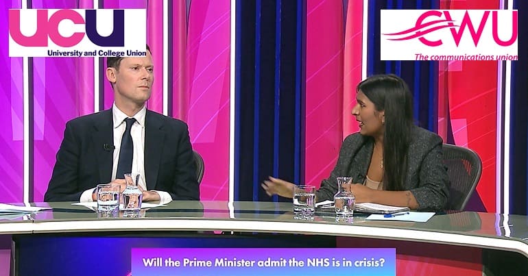 BBCQT with Ash Sarkar looking at a Tory minister and the CWU and UCU logos after they announce more strikes news