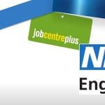 The DWP Jobcentre logo and NHS England logo