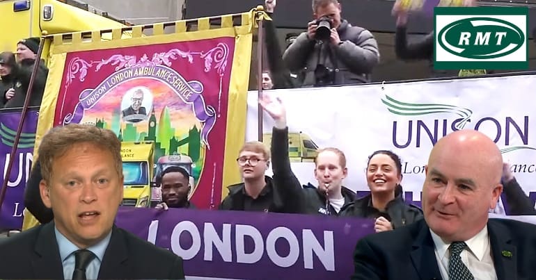 Ambulance workers on a picket, with the RMT logo in the background plus Grants Shapps being watched by Mick Lynch