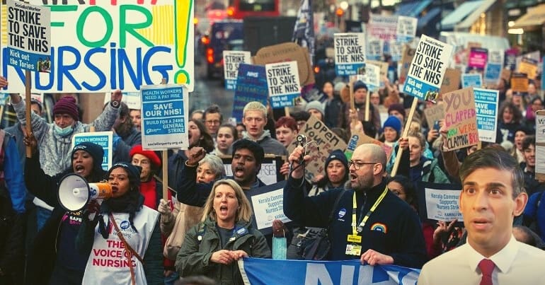 NHS workers on a protest and Rishi Sunak looking on in horror