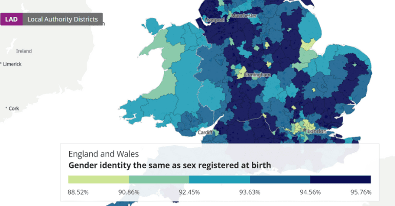 Screenshot of the ONS survey map of gender identity by region