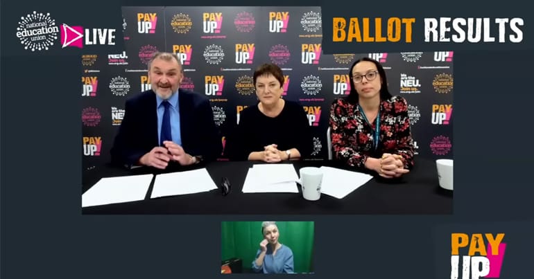 Screenshot from the live stream of the NEU's ballot reults announcement video