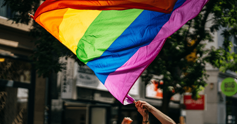 pride flag held aloft