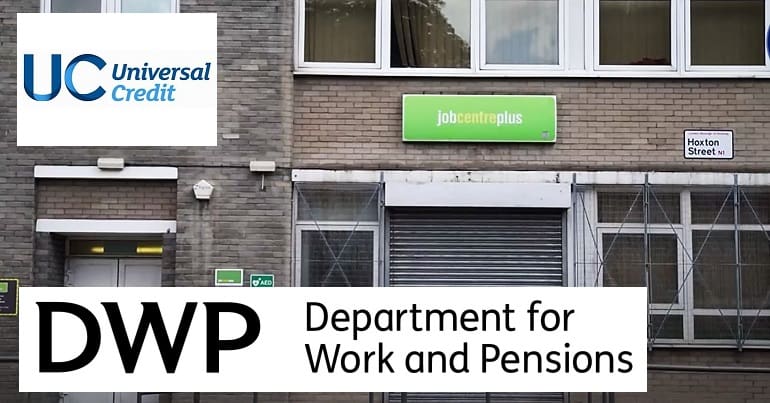 A DWP Jobcentre and the Universal Credit and DWP logos representing benefits increases