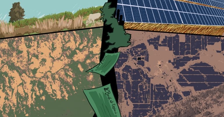 Artwork of a renewable energy land-grab. An image of the UK splits the image in half, with bank notes flowing from it. On the left, satellite image of the land before the solar park, plus a landscape scene of trees, grasses, scrub and a cow on common land. On the right, satellite image with the solar park dominating the area and a landscape image of a series of solar panels. This relates to UK climate finance being used in India