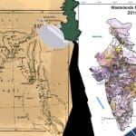 Two maps of India split by a picture of the UK and a teapot pouring tea down the centre. On the left, old colonial map of British India. On the right, the 'Wastelands Atlas of India' map and a solar panel in the bottom right corner.