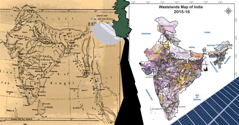 Two maps of India split by a picture of the UK and a teapot pouring tea down the centre. On the left, old colonial map of British India. On the right, the 'Wastelands Atlas of India' map and a solar panel in the bottom right corner.