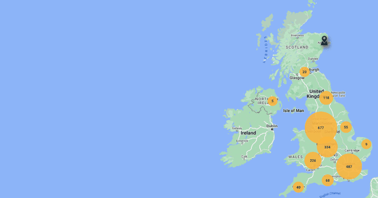 A map of the UK and Ireland from StrikeMap showing where strikes are happening - including NHS ones