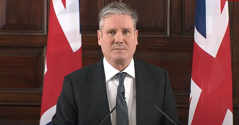 Keir Starmer looking angry to camera as he boots Jeremy Corbyn and socialists out of Labour