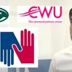 Rishi Sunak with union logos of the RMT CWU and RCN