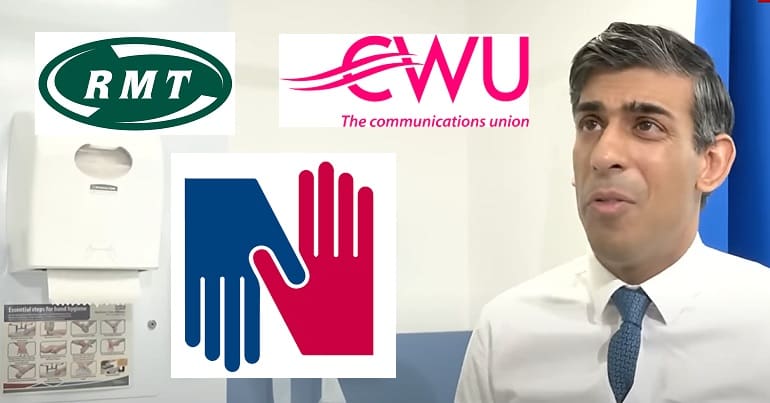 Rishi Sunak with union logos of the RMT CWU and RCN