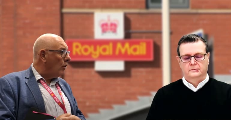 The Royal Mail logo, the CWU general secretary Dave Ward and Simon Thompson - representative of the union announcing another postal strike