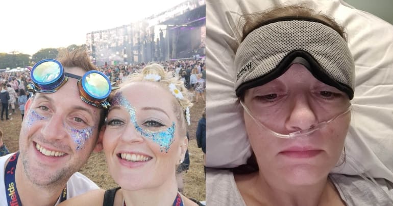 Sami Berry, on the left with her husband Craig, and on the right severely ill in hospital. She lives with ME and EDS and currently the NHS is not treating her chronic illness correctly