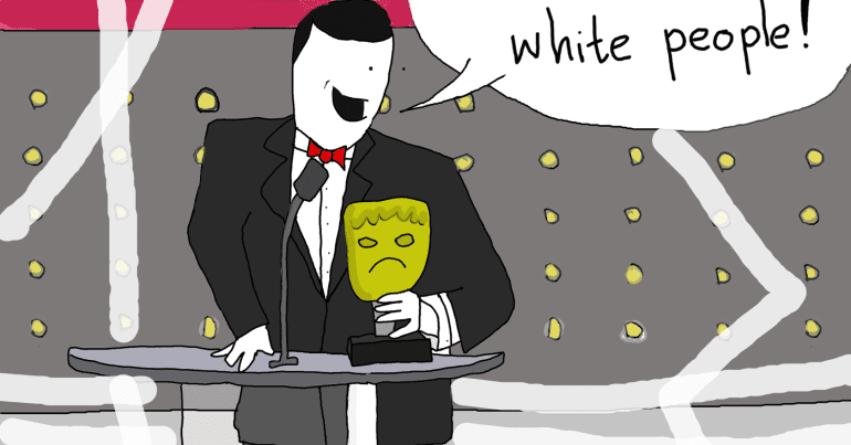 an award show host holds a BAFTA and says "and the BAFTA goes to... white people!"