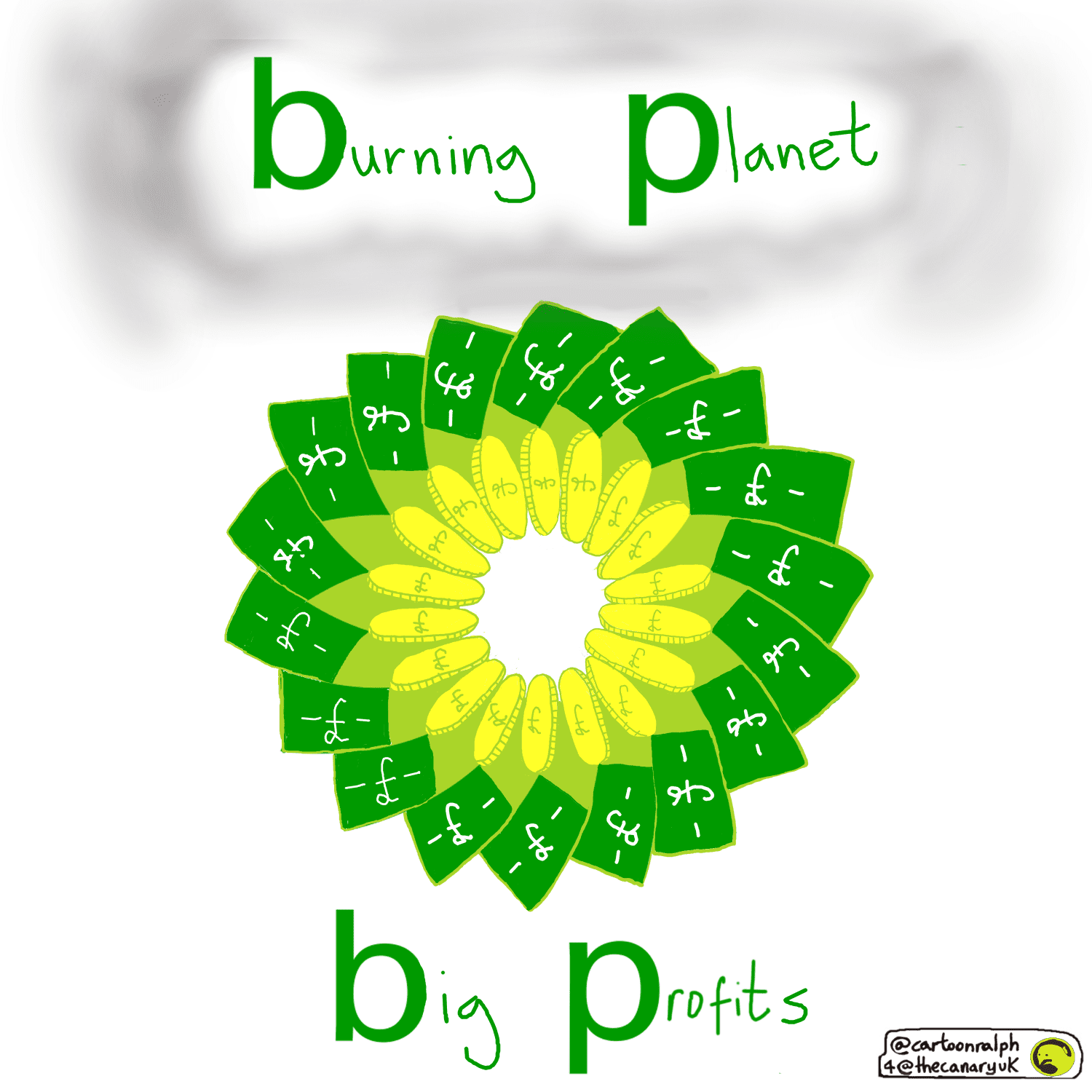 The BP logo is altered to look like stacked paper money. The overhead text reads "burning planet", whilst the text below reads "big profits"