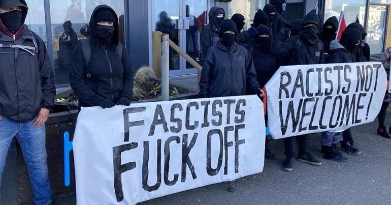 An anti fascist protest in Newquay Cornwall to stand with refugees. Police have helped stoke a second far-right protest.