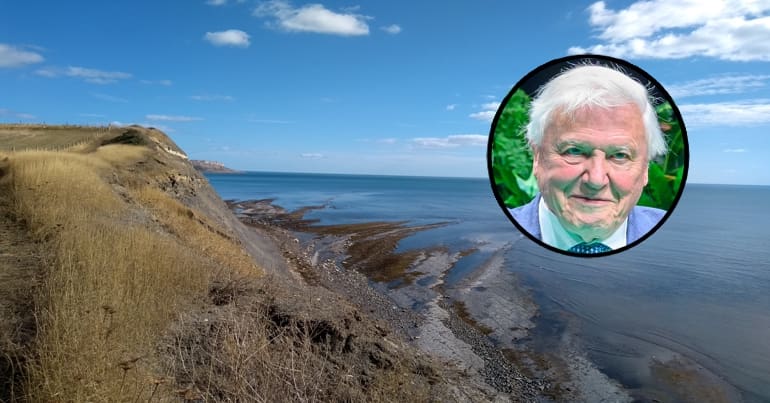 Right-wing racism by David Attenborough is platformed while Tory destruction of nature is censored. Picture of David Attenborough and a wild UK coastline in reference to the new BBC 'Wild Isles' TV series.