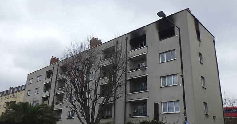 Maddocks House after the fire which has raised issues over housing in Tower Hamlets and across the UK