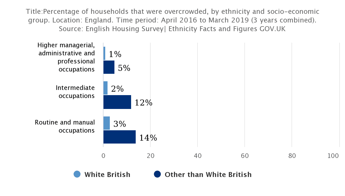 Percentage of households that were overcrowded, by ethnicity and socio-economic group