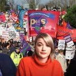 a picture of a trade union rally with RMT leader Mick Lynch, UCU leader Jo Grady and NEU leader Mary Bousted