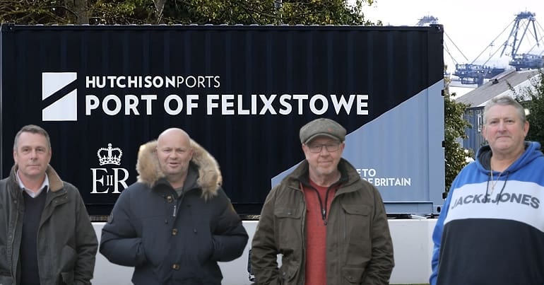 The Felixstowe Four Unite reps in front of the Port of Felixstowe sign