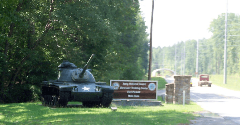 fort Pickett entrance sign and tank