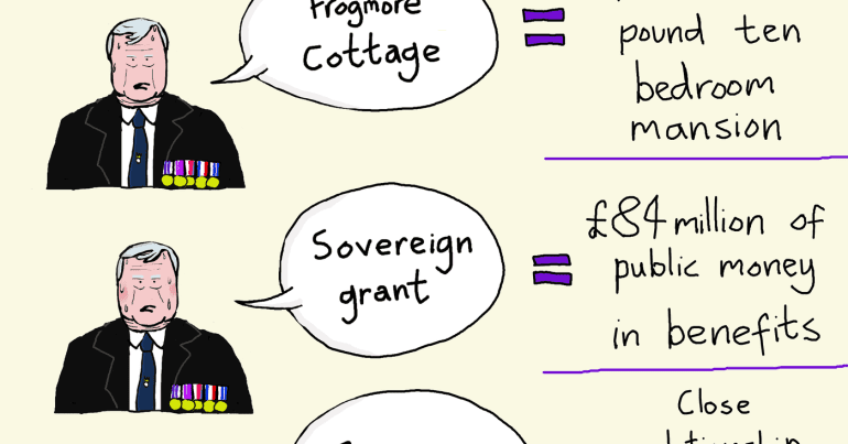 A cartoon with the title "Learn to speak like a Royal". On the left are three images of prince Andrew. The first one has a speech bubble saying "Frogmore Cottage" - with a translation next to it that says "multi-million pound ten bedroom mansion". The second speech bubble says "Sovereign Grant" with a translation next to it which says ""£84 million of public money in benefits". The third speech bubble says "Error of judgement" with a translation next to it of "close relationship with convicted child sex trafficker".