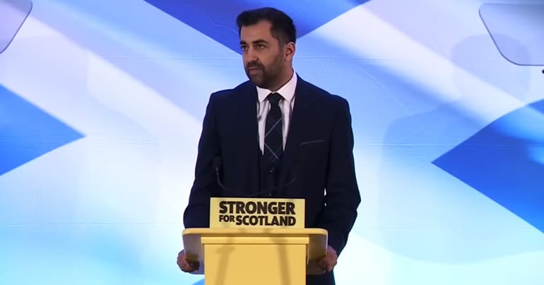 Humza Yousaf giving victory speech after he was elected as Scotland's new first minister