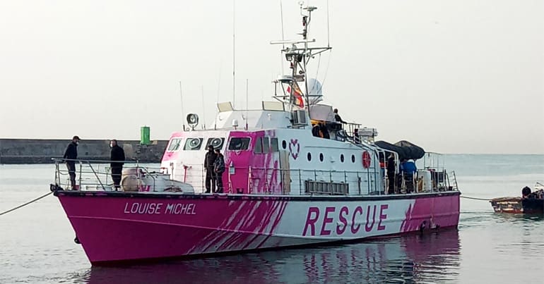 MV Louise Michel, a refugee rescue ship financed by Banksy, which was impounded on 26 March by Italy's coastguard