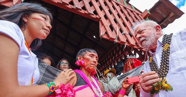 Brazilian president Luiz Inácio Lula da Silva visits the Yanomami population in Boa Vista, who are involved in protecting forests