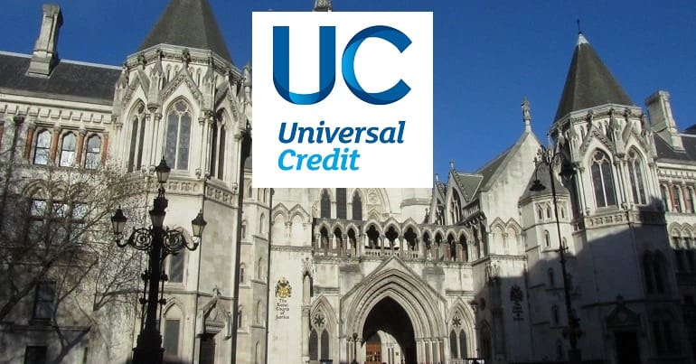 Department for Work and Pensions DWP court case looms Universal Credit benefits a picture of the Royal Courts of Justice and the Universal Credit logo