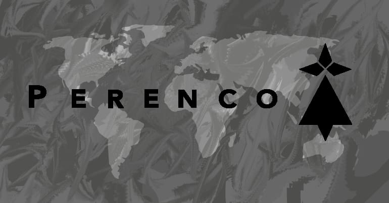 Perenco logo overlaid on a map of the world, with an oil spill pattern stretching across the image.