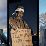 3 blindfolded statues from around the world
