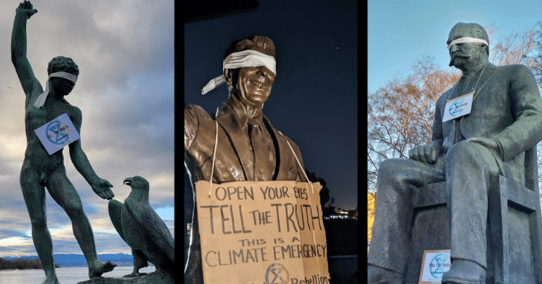 3 blindfolded statues from around the world