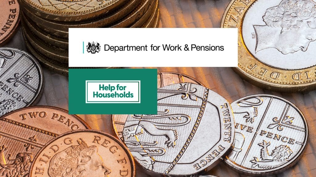 UK coins, the Help for Households second cost of living payment 2023 logo and the DWP benefits logo
