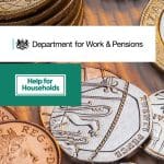 UK coins, the Help for Households second cost of living payment 2023 logo and the DWP benefits logo