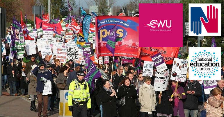Strikes with the CWU (representing Royal Mail too), NEU and RCN logos
