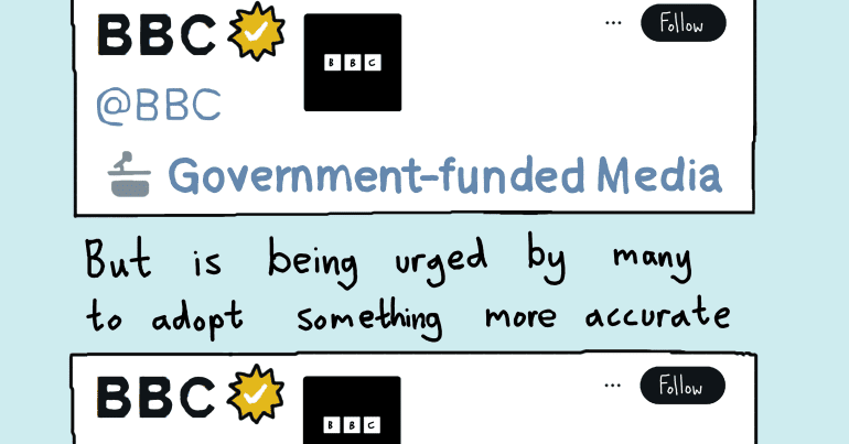 A cartoon with two tweets. One has a title saying "Musk changes @bbc profile on Twitter". The tweet reads: BBC government funded media". The second tweet has a title which says: "But is being urged by many to adopt something more accurate". The second tweet reads "BBC public funded government propaganda"
