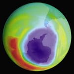 Satellite imagery showing a hole in the ozone layer caused by CFCs