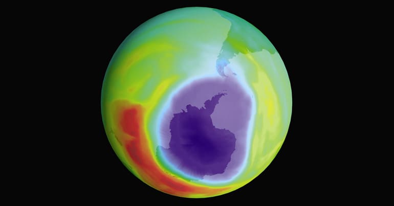 Satellite imagery showing a hole in the ozone layer caused by CFCs