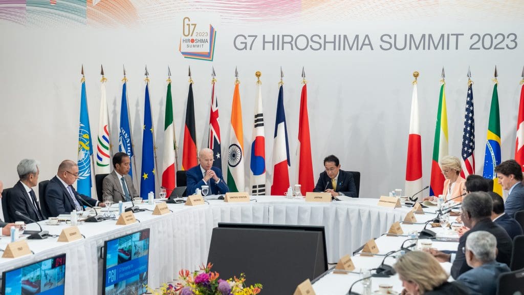 The G7 sit for discussions at the Hiroshima summit.